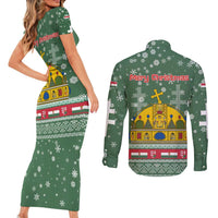 Hungary Christmas Couples Matching Short Sleeve Bodycon Dress and Long Sleeve Button Shirt with Green Snowflake Pattern Santa Claus Motif - Wonder Print Shop