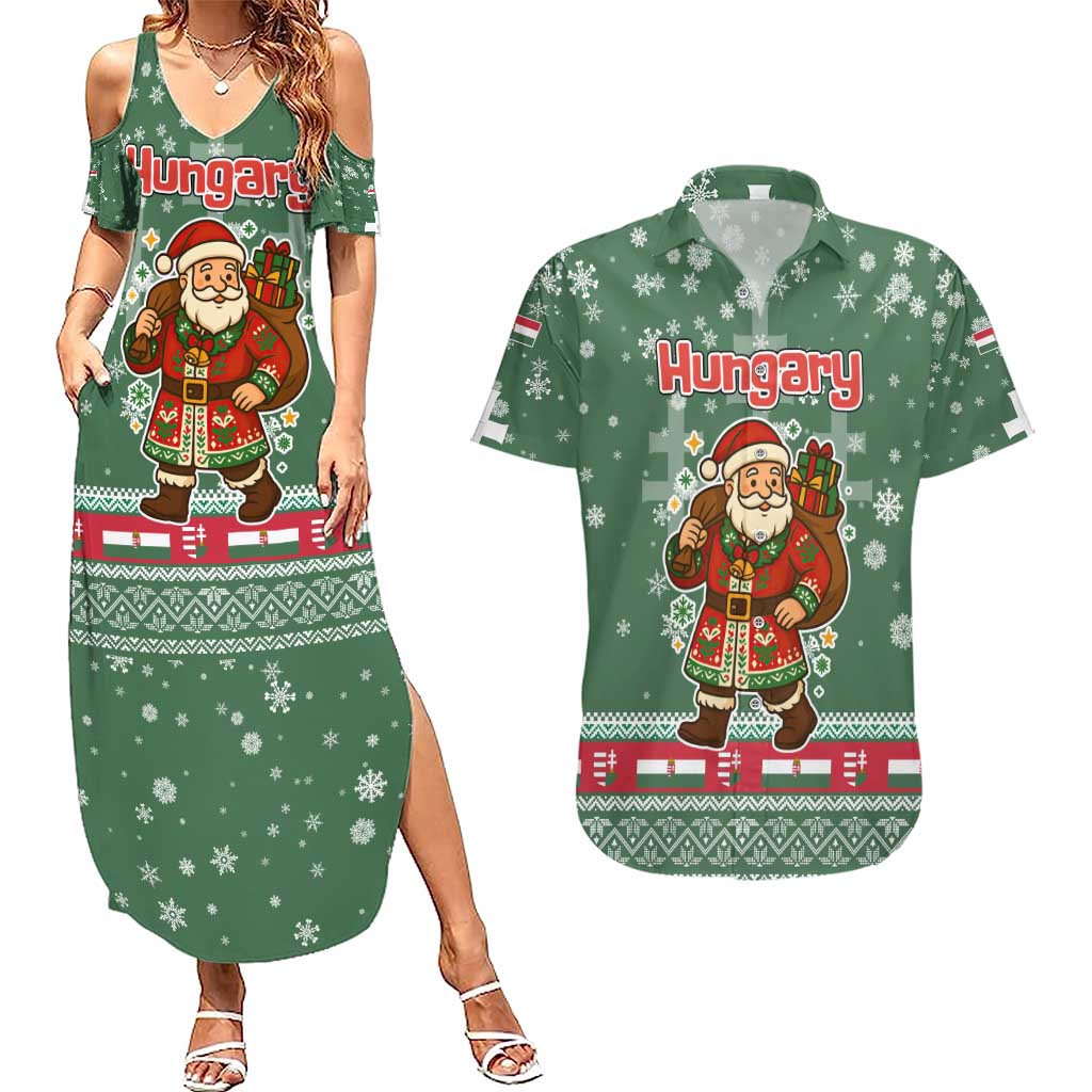 Hungary Christmas Couples Matching Summer Maxi Dress and Hawaiian Shirt with Green Snowflake Pattern Santa Claus Motif - Wonder Print Shop