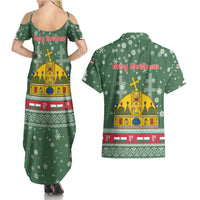 Hungary Christmas Couples Matching Summer Maxi Dress and Hawaiian Shirt with Green Snowflake Pattern Santa Claus Motif - Wonder Print Shop