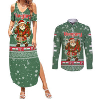 Hungary Christmas Couples Matching Summer Maxi Dress and Long Sleeve Button Shirt with Green Snowflake Pattern Santa Claus Motif - Wonder Print Shop
