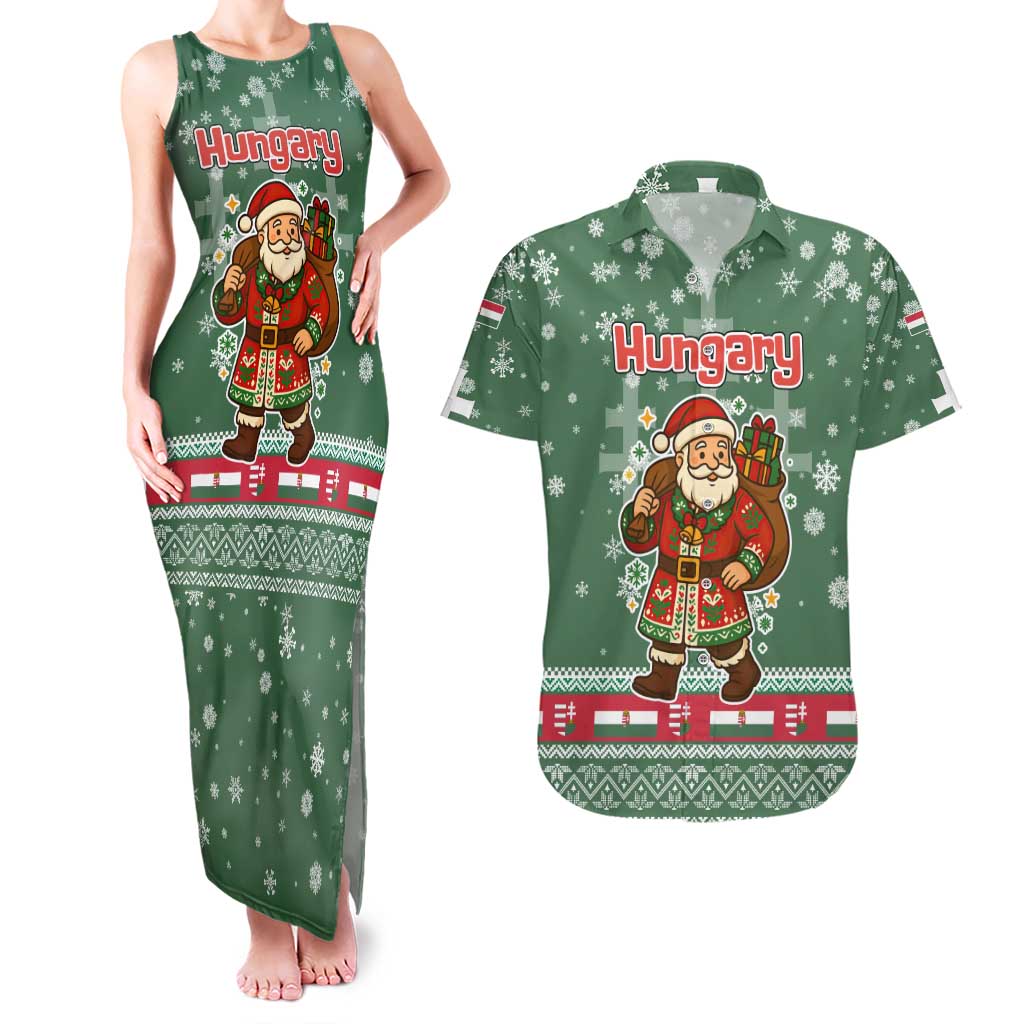 Hungary Christmas Couples Matching Tank Maxi Dress and Hawaiian Shirt with Green Snowflake Pattern Santa Claus Motif - Wonder Print Shop