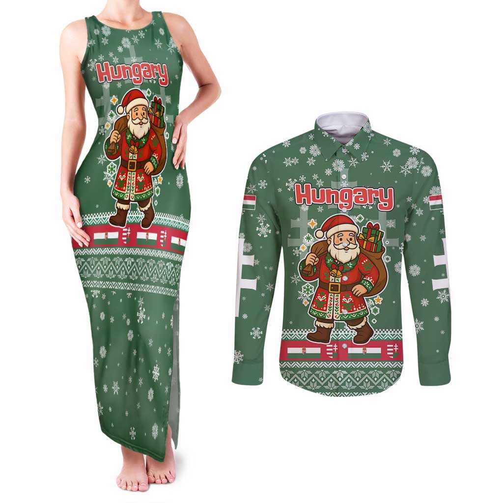 Hungary Christmas Couples Matching Tank Maxi Dress and Long Sleeve Button Shirt with Green Snowflake Pattern Santa Claus Motif - Wonder Print Shop