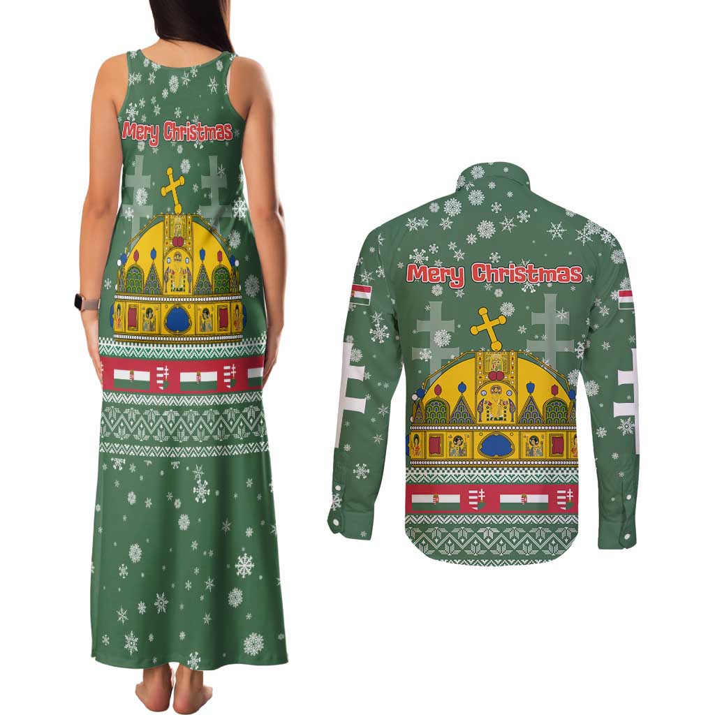 Hungary Christmas Couples Matching Tank Maxi Dress and Long Sleeve Button Shirt with Green Snowflake Pattern Santa Claus Motif - Wonder Print Shop