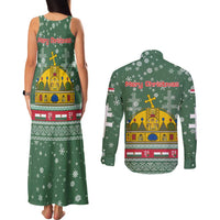 Hungary Christmas Couples Matching Tank Maxi Dress and Long Sleeve Button Shirt with Green Snowflake Pattern Santa Claus Motif - Wonder Print Shop