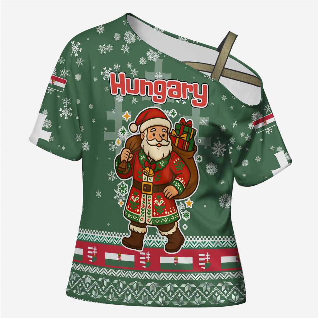 Hungary Christmas Cross Shoulder Shirt with Green Snowflake Pattern Santa Claus Motif - Wonder Print Shop