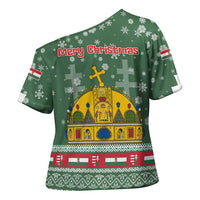 Hungary Christmas Cross Shoulder Shirt with Green Snowflake Pattern Santa Claus Motif - Wonder Print Shop