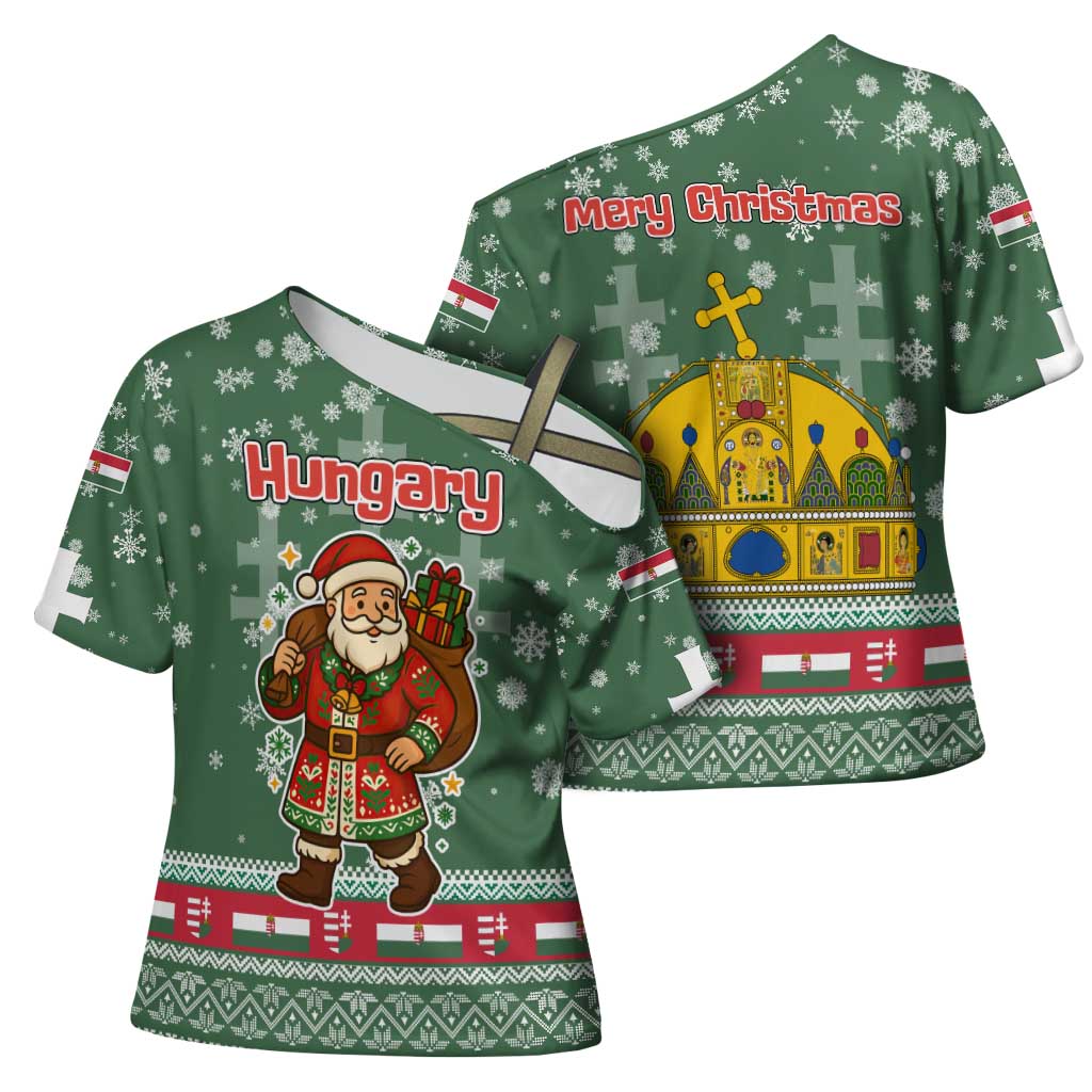 Hungary Christmas Cross Shoulder Shirt with Green Snowflake Pattern Santa Claus Motif - Wonder Print Shop