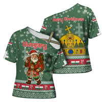 Hungary Christmas Cross Shoulder Shirt with Green Snowflake Pattern Santa Claus Motif - Wonder Print Shop