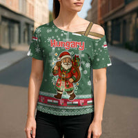 Hungary Christmas Cross Shoulder Shirt with Green Snowflake Pattern Santa Claus Motif - Wonder Print Shop