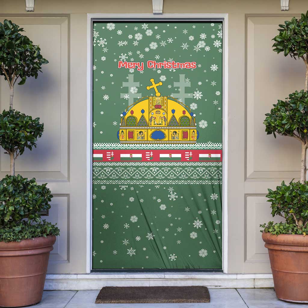 Hungary Christmas Door Cover with Green Snowflake Pattern Santa Claus Motif - Wonder Print Shop