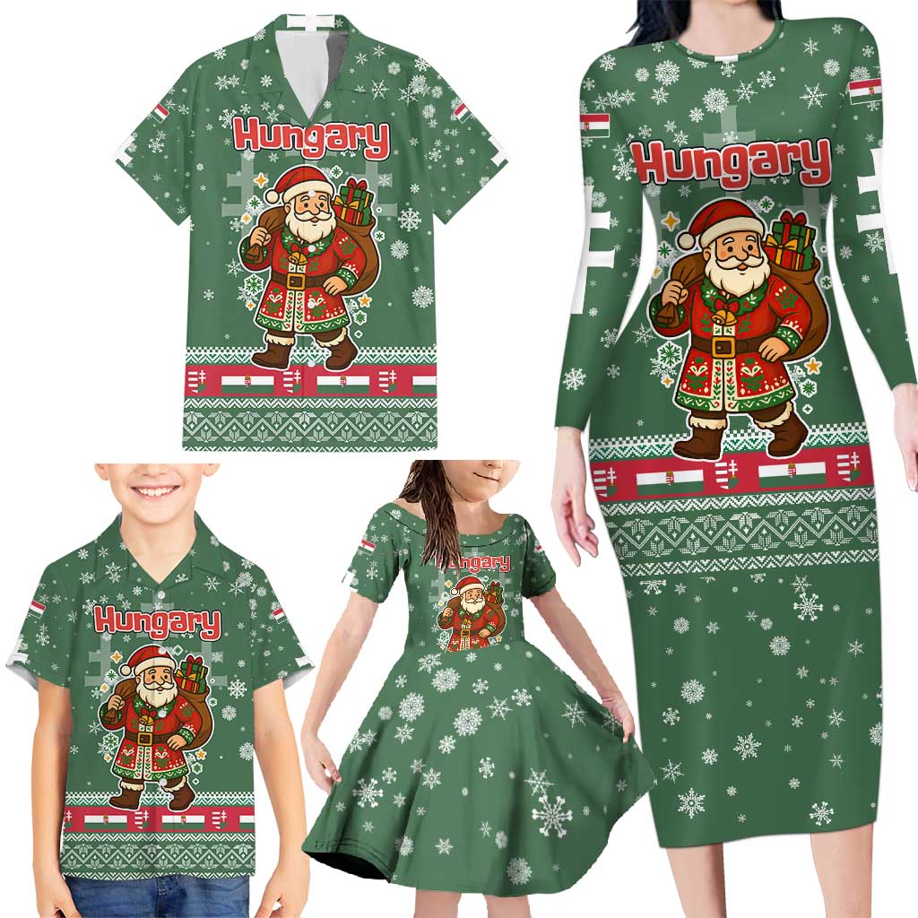 Hungary Christmas Family Matching Long Sleeve Bodycon Dress and Hawaiian Shirt with Green Snowflake Pattern Santa Claus Motif - Wonder Print Shop