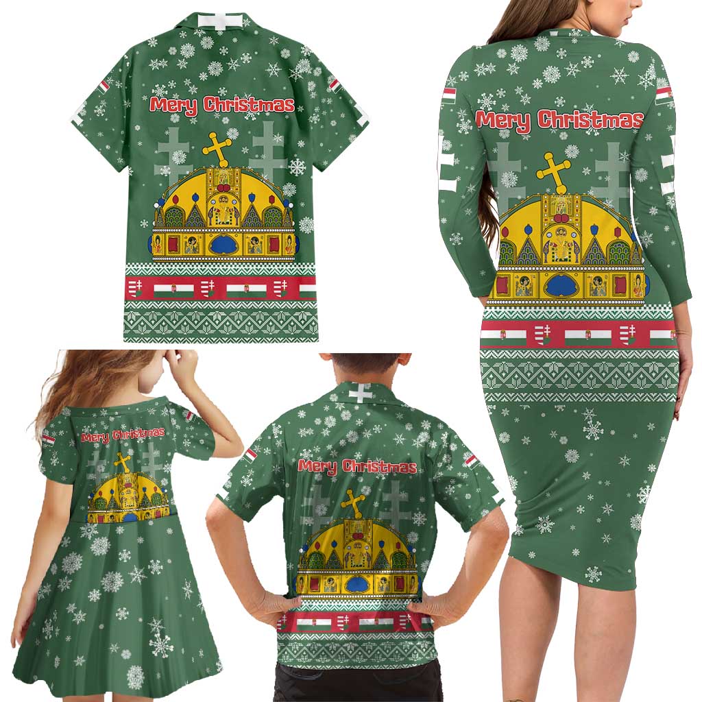 Hungary Christmas Family Matching Long Sleeve Bodycon Dress and Hawaiian Shirt with Green Snowflake Pattern Santa Claus Motif - Wonder Print Shop