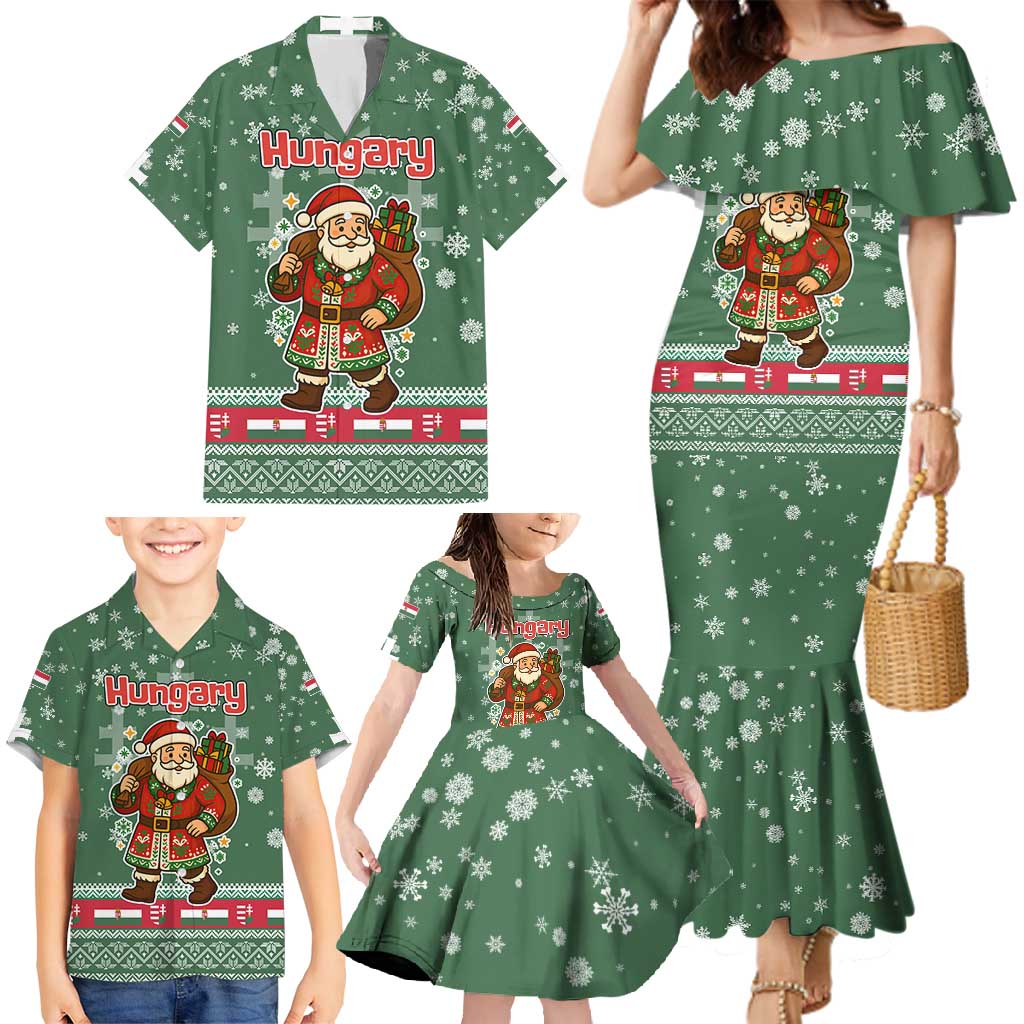 Hungary Christmas Family Matching Mermaid Dress and Hawaiian Shirt with Green Snowflake Pattern Santa Claus Motif - Wonder Print Shop