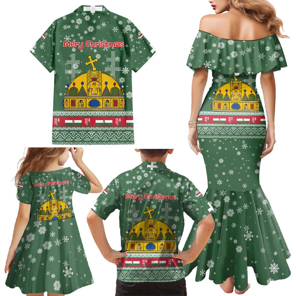 Hungary Christmas Family Matching Mermaid Dress and Hawaiian Shirt with Green Snowflake Pattern Santa Claus Motif - Wonder Print Shop