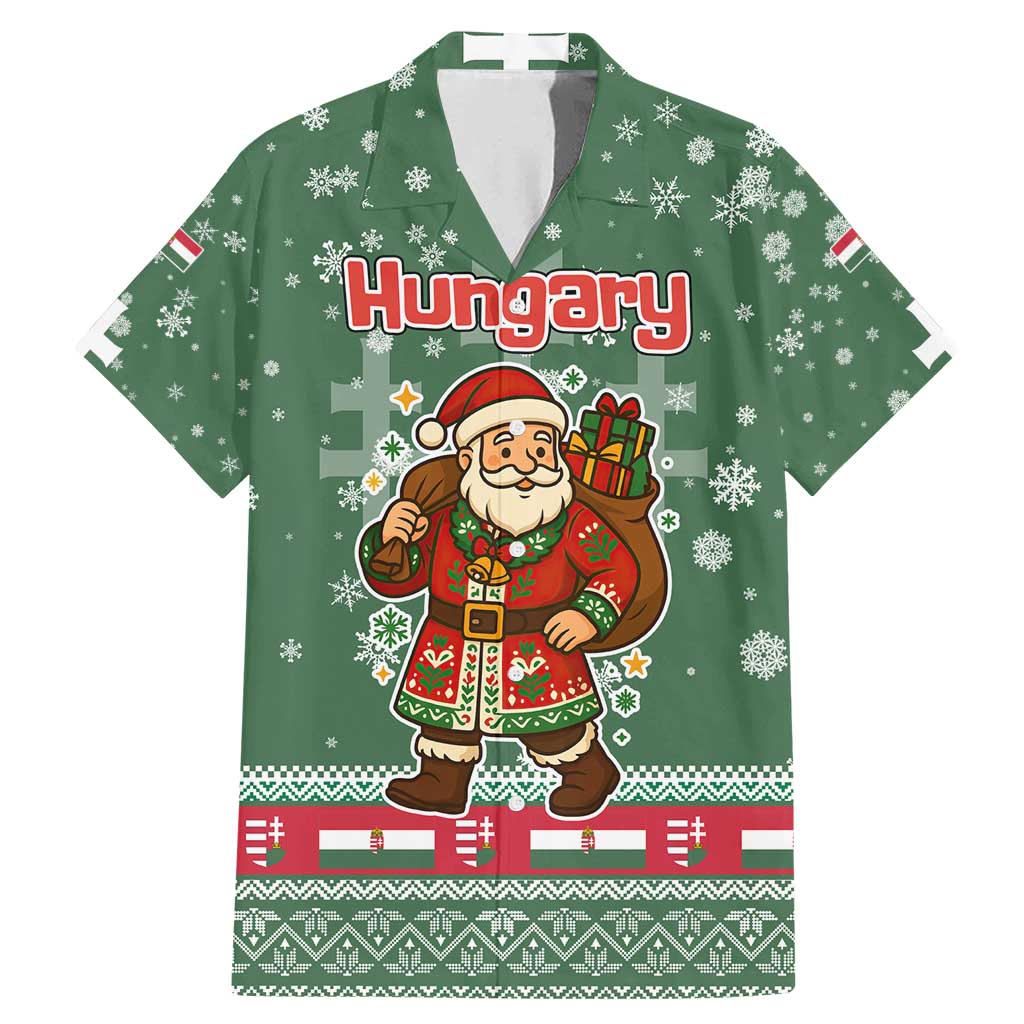 Hungary Christmas Family Matching Mermaid Dress and Hawaiian Shirt with Green Snowflake Pattern Santa Claus Motif - Wonder Print Shop