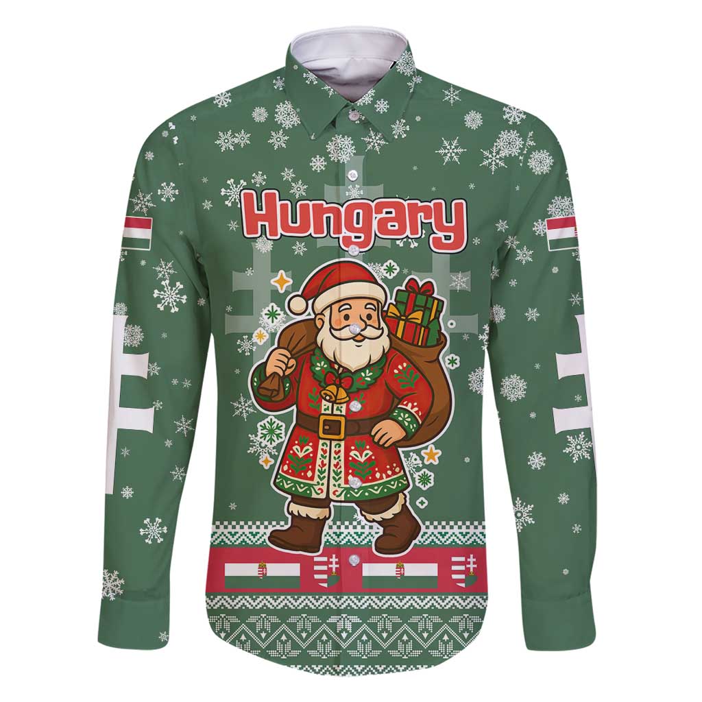 Hungary Christmas Family Matching Mermaid Dress and Hawaiian Shirt with Green Snowflake Pattern Santa Claus Motif - Wonder Print Shop