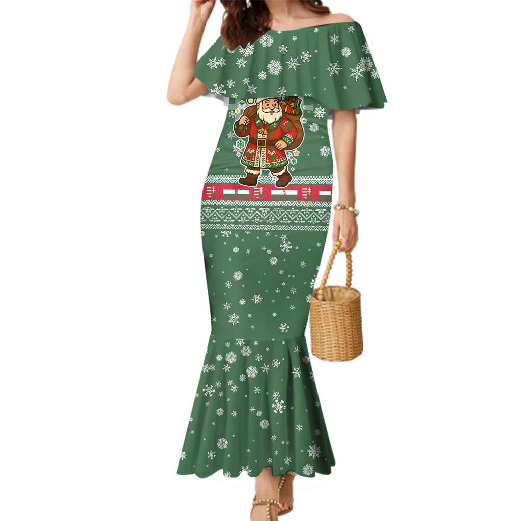 Hungary Christmas Family Matching Mermaid Dress and Hawaiian Shirt with Green Snowflake Pattern Santa Claus Motif - Wonder Print Shop