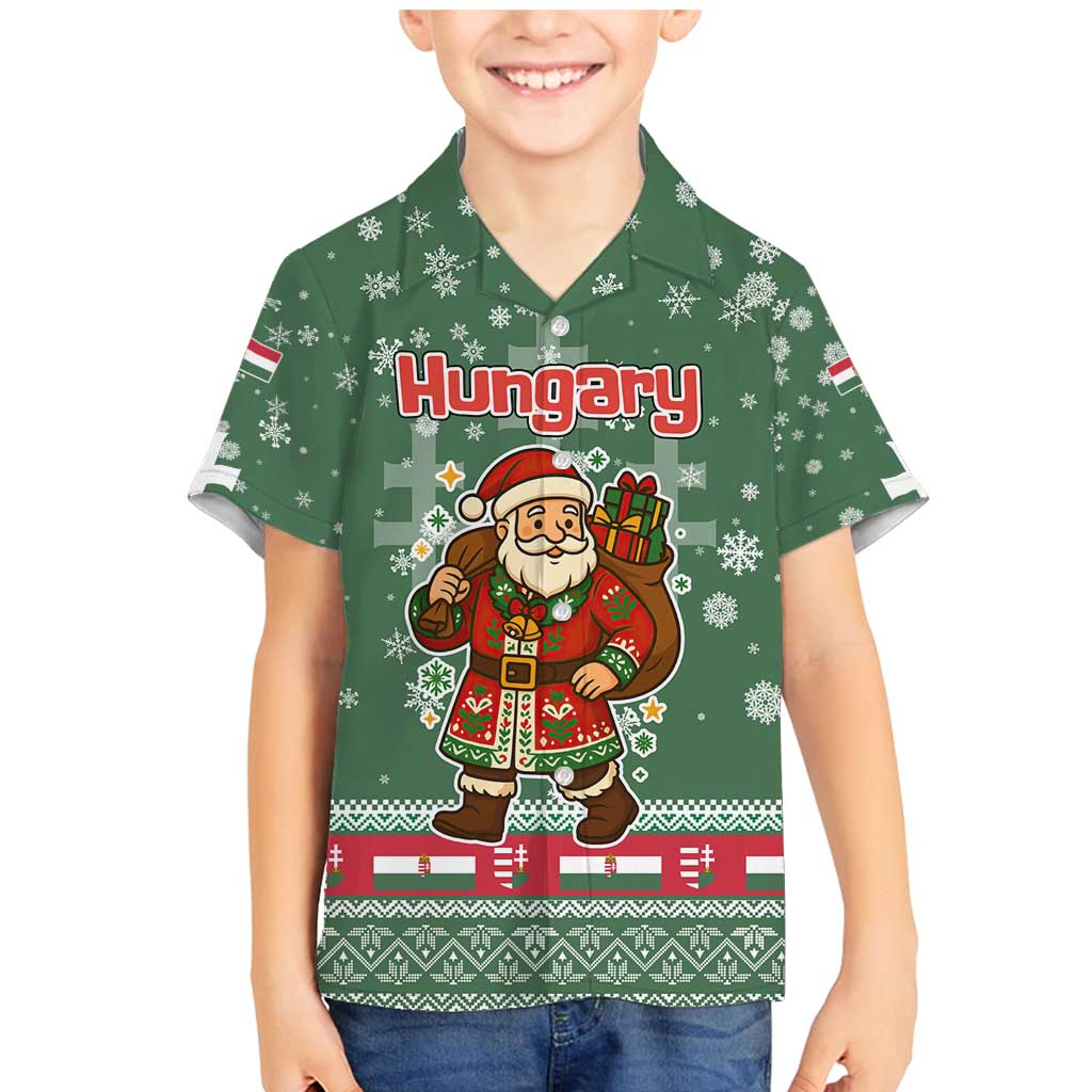Hungary Christmas Family Matching Mermaid Dress and Hawaiian Shirt with Green Snowflake Pattern Santa Claus Motif - Wonder Print Shop