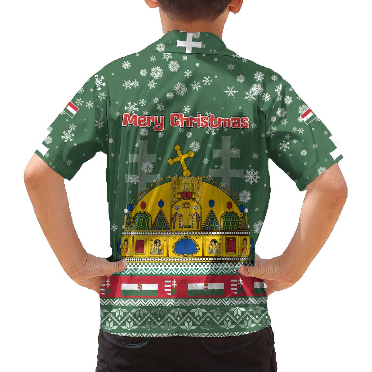 Hungary Christmas Family Matching Off The Shoulder Long Sleeve Dress and Hawaiian Shirt with Green Snowflake Pattern Santa Claus Motif - Wonder Print Shop