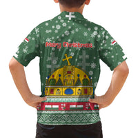 Hungary Christmas Family Matching Off The Shoulder Long Sleeve Dress and Hawaiian Shirt with Green Snowflake Pattern Santa Claus Motif - Wonder Print Shop