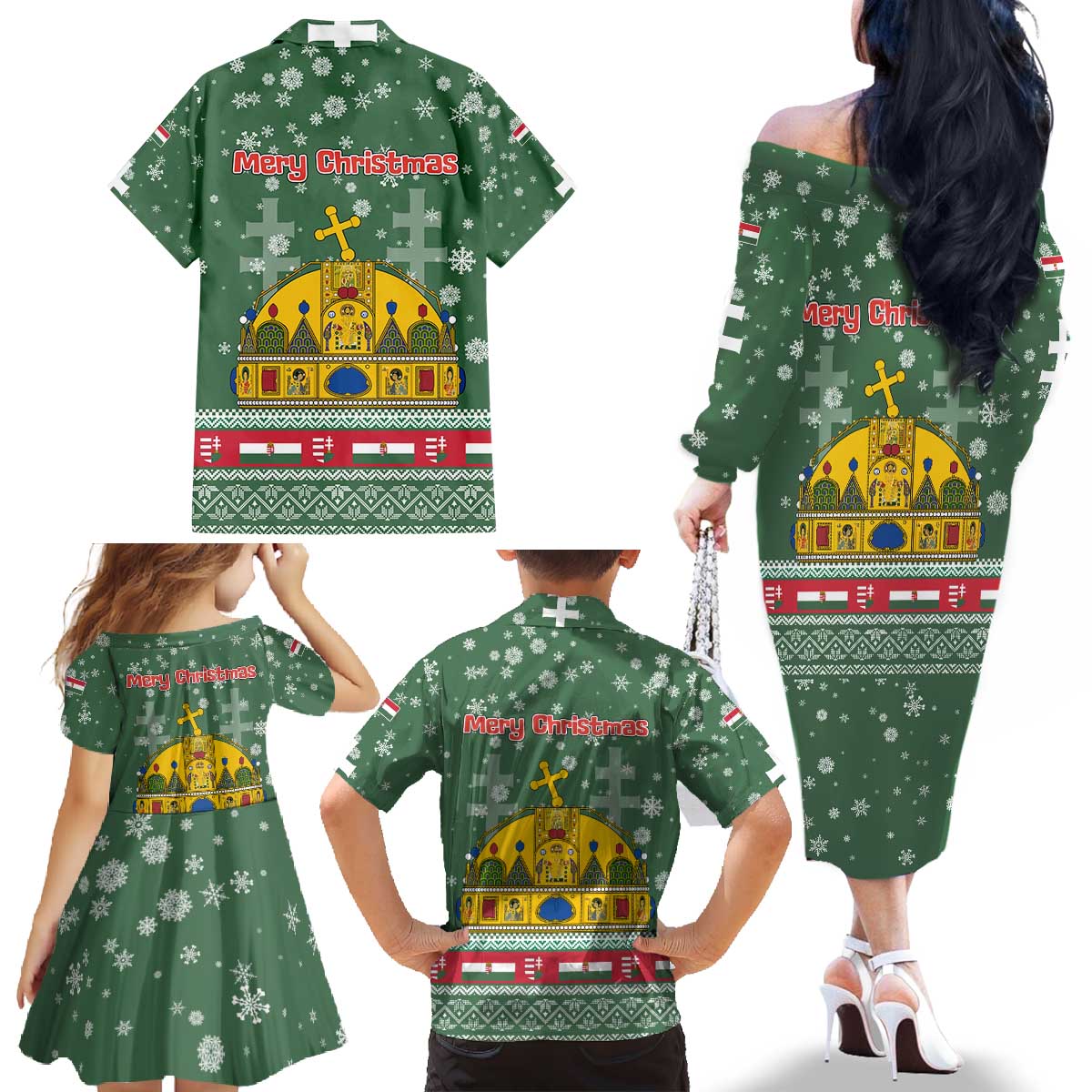 Hungary Christmas Family Matching Off The Shoulder Long Sleeve Dress and Hawaiian Shirt with Green Snowflake Pattern Santa Claus Motif - Wonder Print Shop