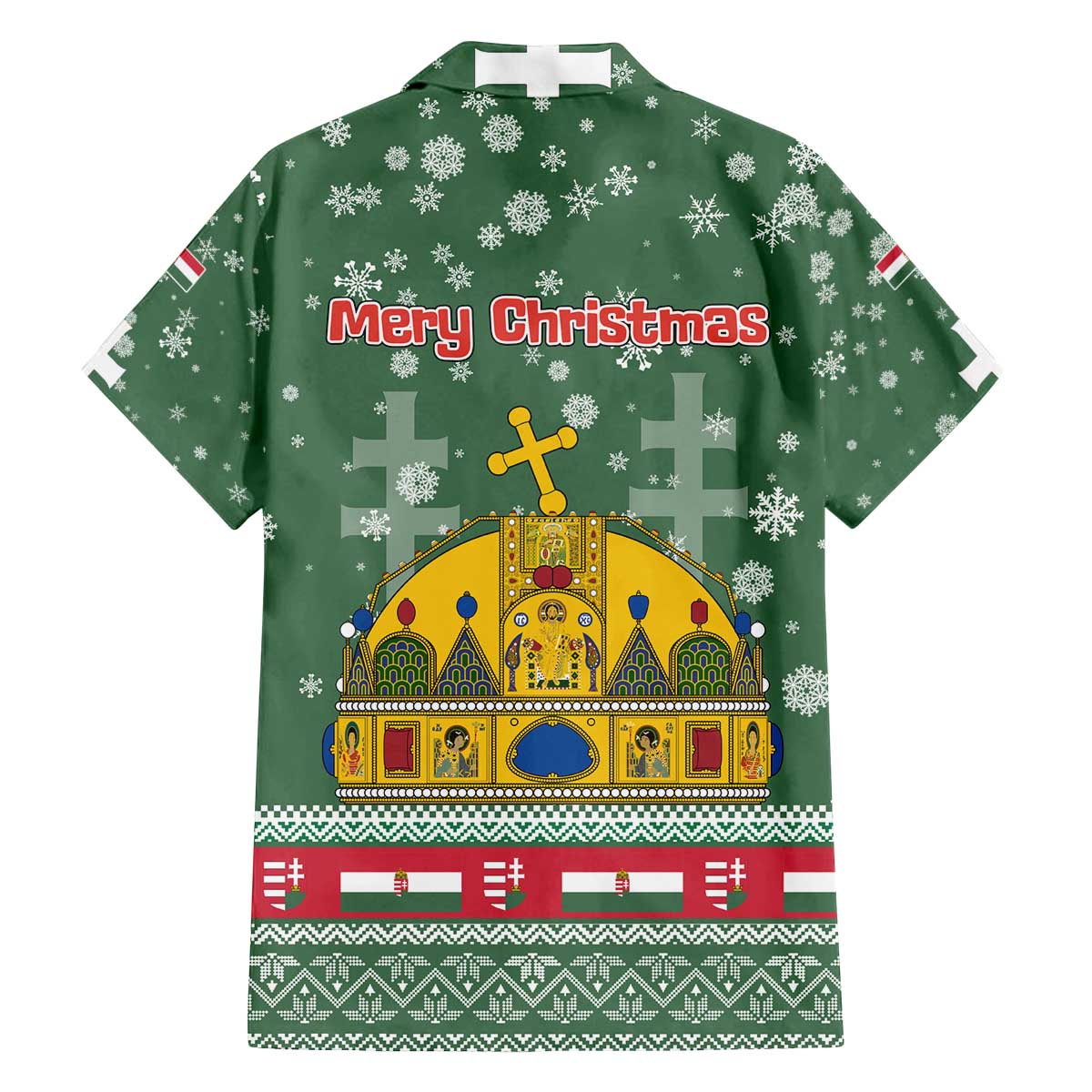 Hungary Christmas Family Matching Off The Shoulder Long Sleeve Dress and Hawaiian Shirt with Green Snowflake Pattern Santa Claus Motif - Wonder Print Shop