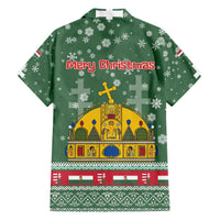 Hungary Christmas Family Matching Off The Shoulder Long Sleeve Dress and Hawaiian Shirt with Green Snowflake Pattern Santa Claus Motif - Wonder Print Shop