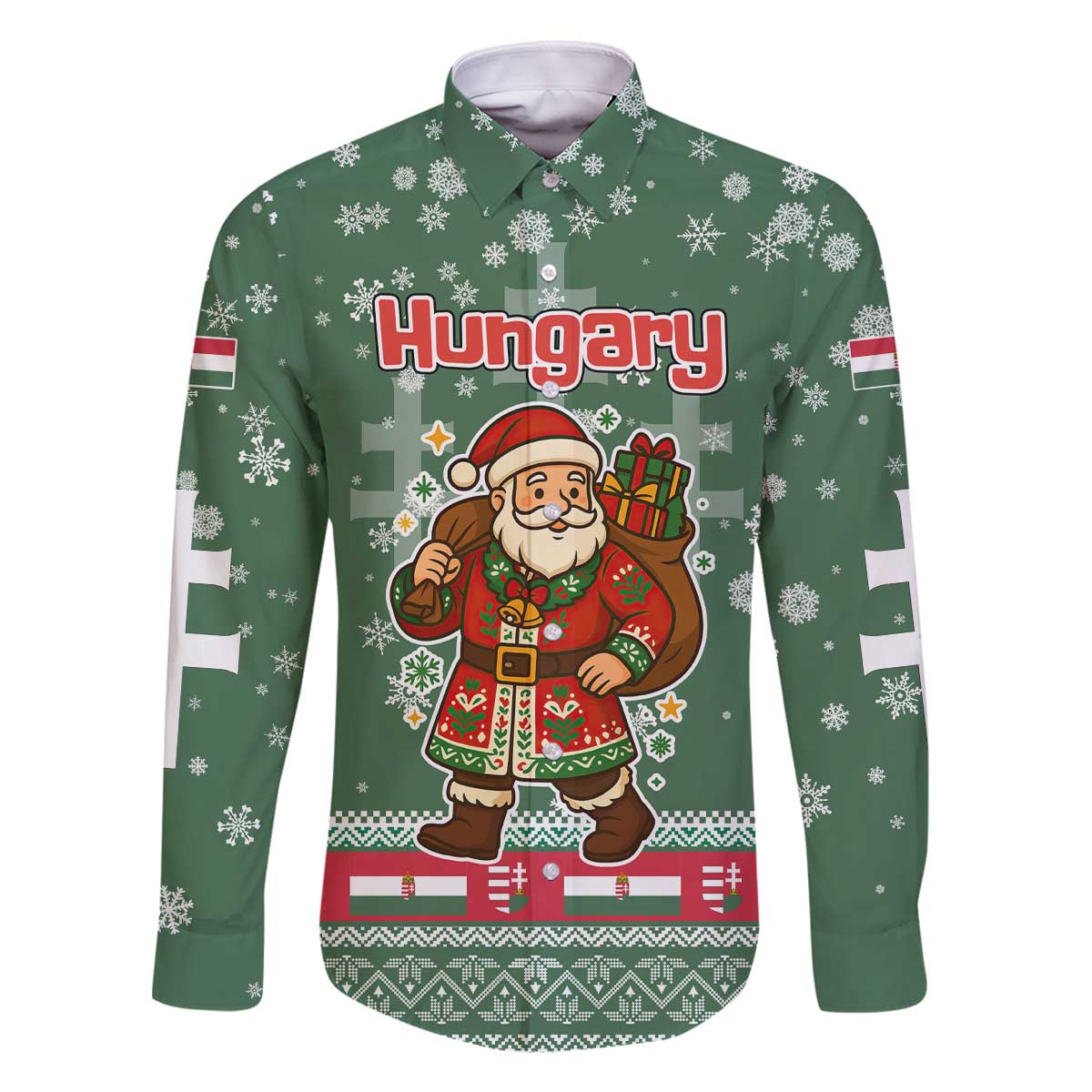 Hungary Christmas Family Matching Off The Shoulder Long Sleeve Dress and Hawaiian Shirt with Green Snowflake Pattern Santa Claus Motif - Wonder Print Shop