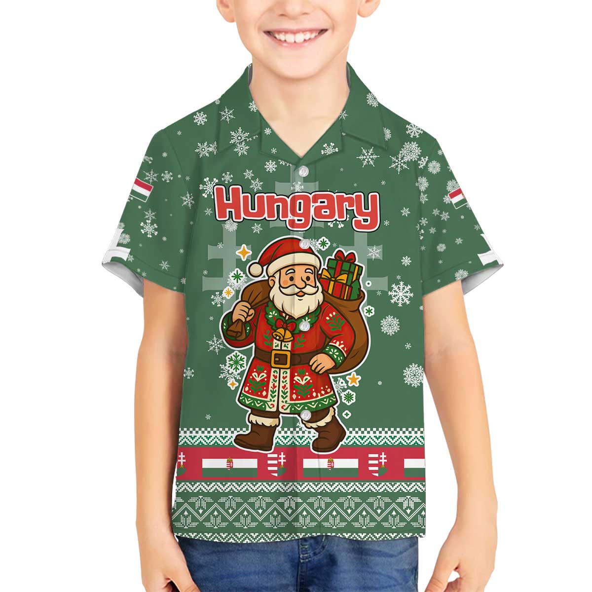 Hungary Christmas Family Matching Off The Shoulder Long Sleeve Dress and Hawaiian Shirt with Green Snowflake Pattern Santa Claus Motif - Wonder Print Shop