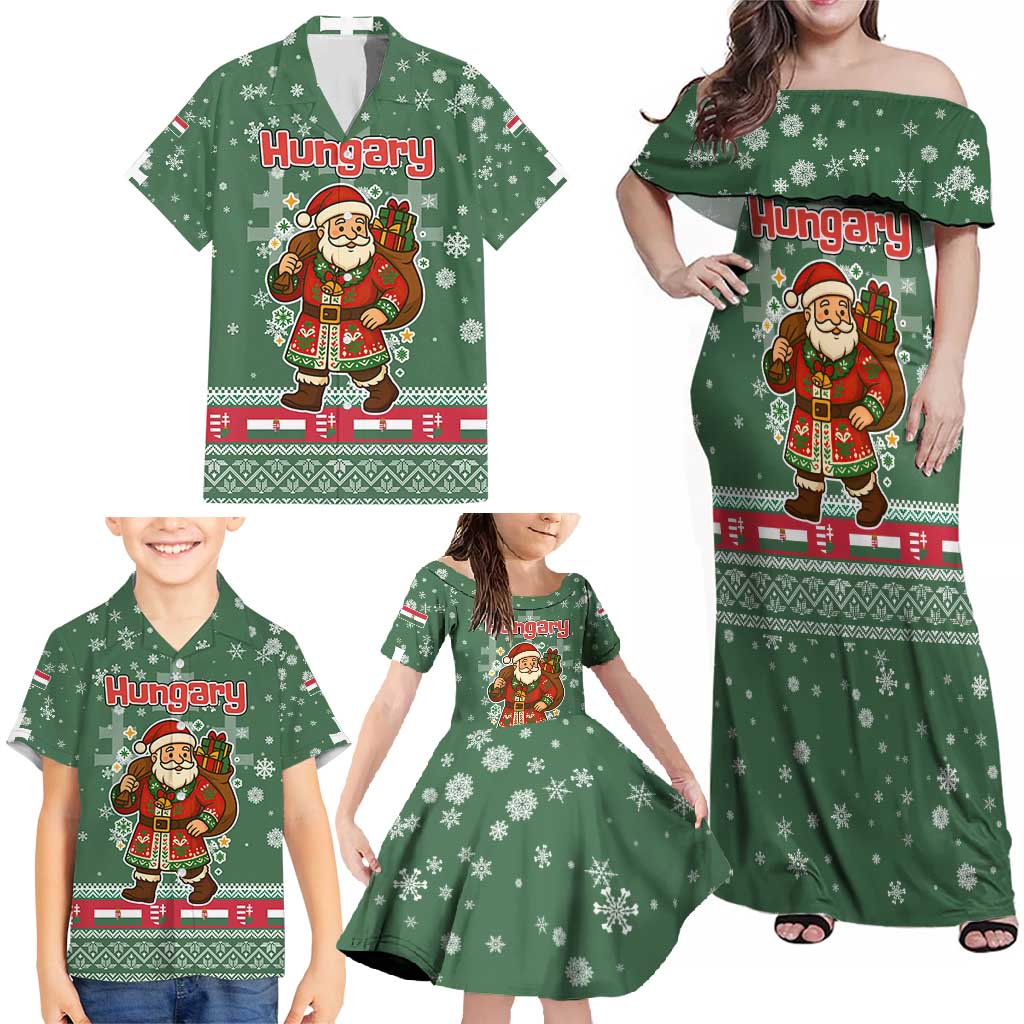 Hungary Christmas Family Matching Off Shoulder Maxi Dress and Hawaiian Shirt with Green Snowflake Pattern Santa Claus Motif - Wonder Print Shop
