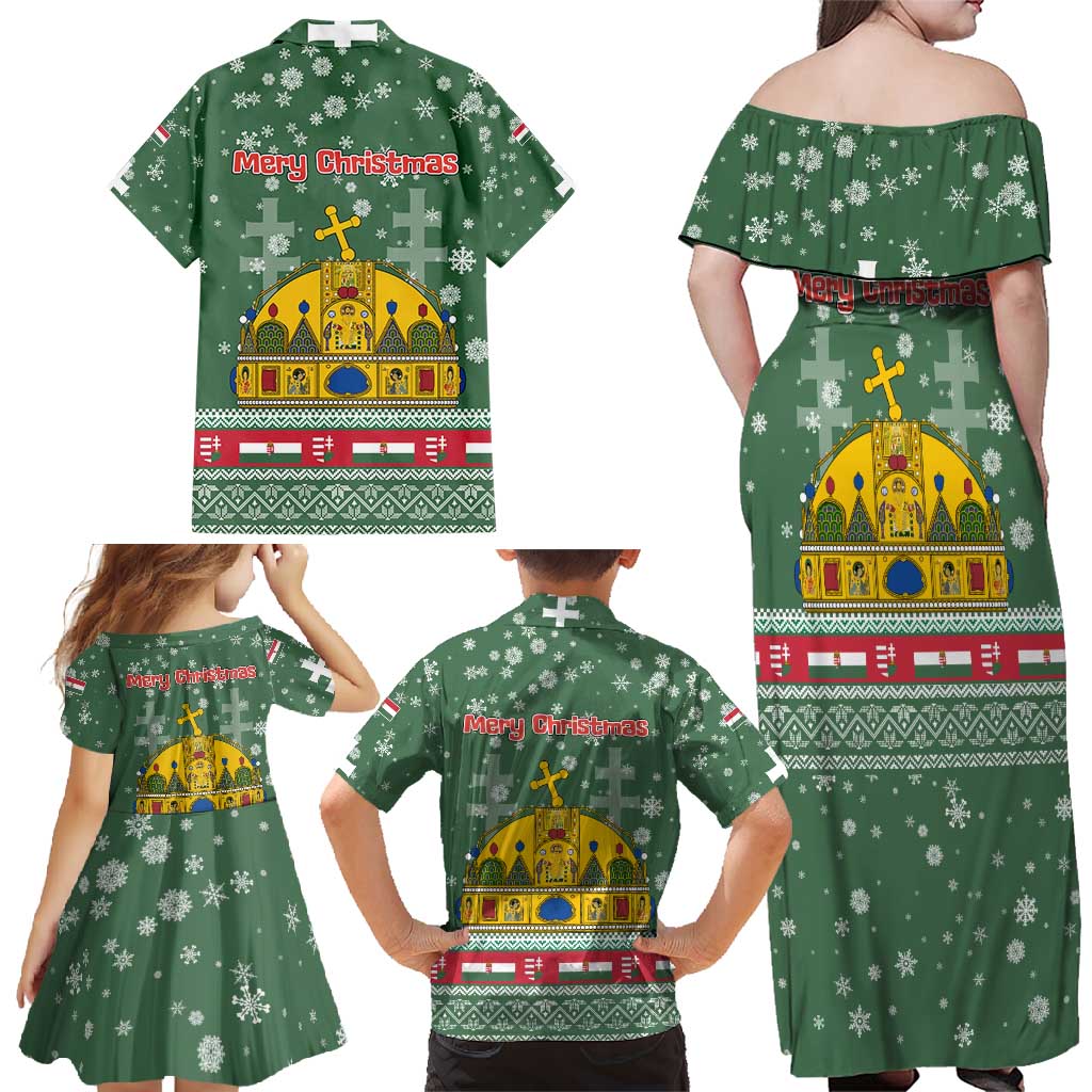 Hungary Christmas Family Matching Off Shoulder Maxi Dress and Hawaiian Shirt with Green Snowflake Pattern Santa Claus Motif - Wonder Print Shop