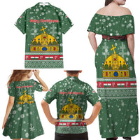 Hungary Christmas Family Matching Off Shoulder Maxi Dress and Hawaiian Shirt with Green Snowflake Pattern Santa Claus Motif - Wonder Print Shop