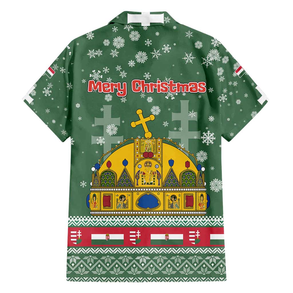 Hungary Christmas Family Matching Off Shoulder Maxi Dress and Hawaiian Shirt with Green Snowflake Pattern Santa Claus Motif - Wonder Print Shop