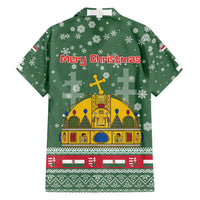 Hungary Christmas Family Matching Off Shoulder Maxi Dress and Hawaiian Shirt with Green Snowflake Pattern Santa Claus Motif - Wonder Print Shop