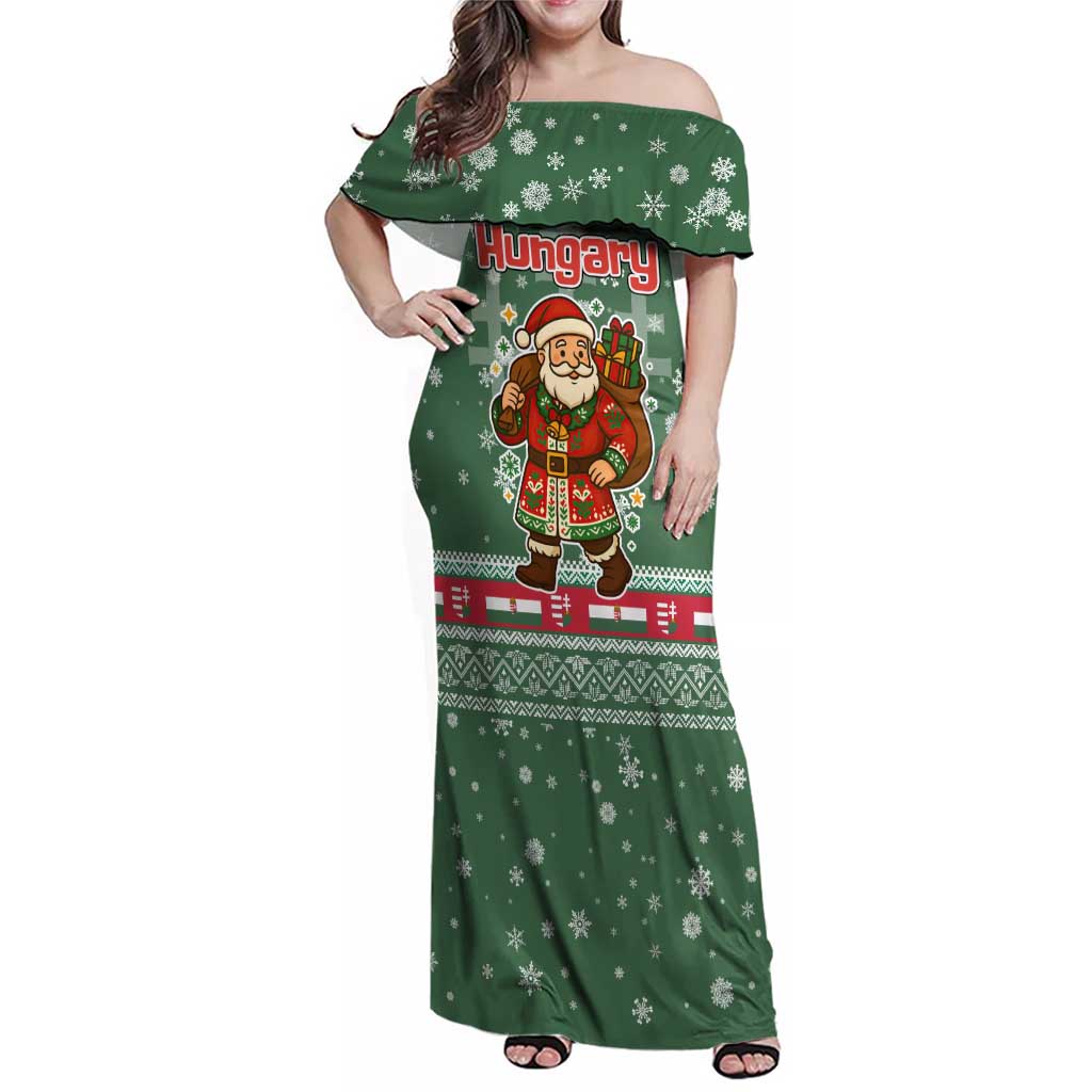 Hungary Christmas Family Matching Off Shoulder Maxi Dress and Hawaiian Shirt with Green Snowflake Pattern Santa Claus Motif - Wonder Print Shop