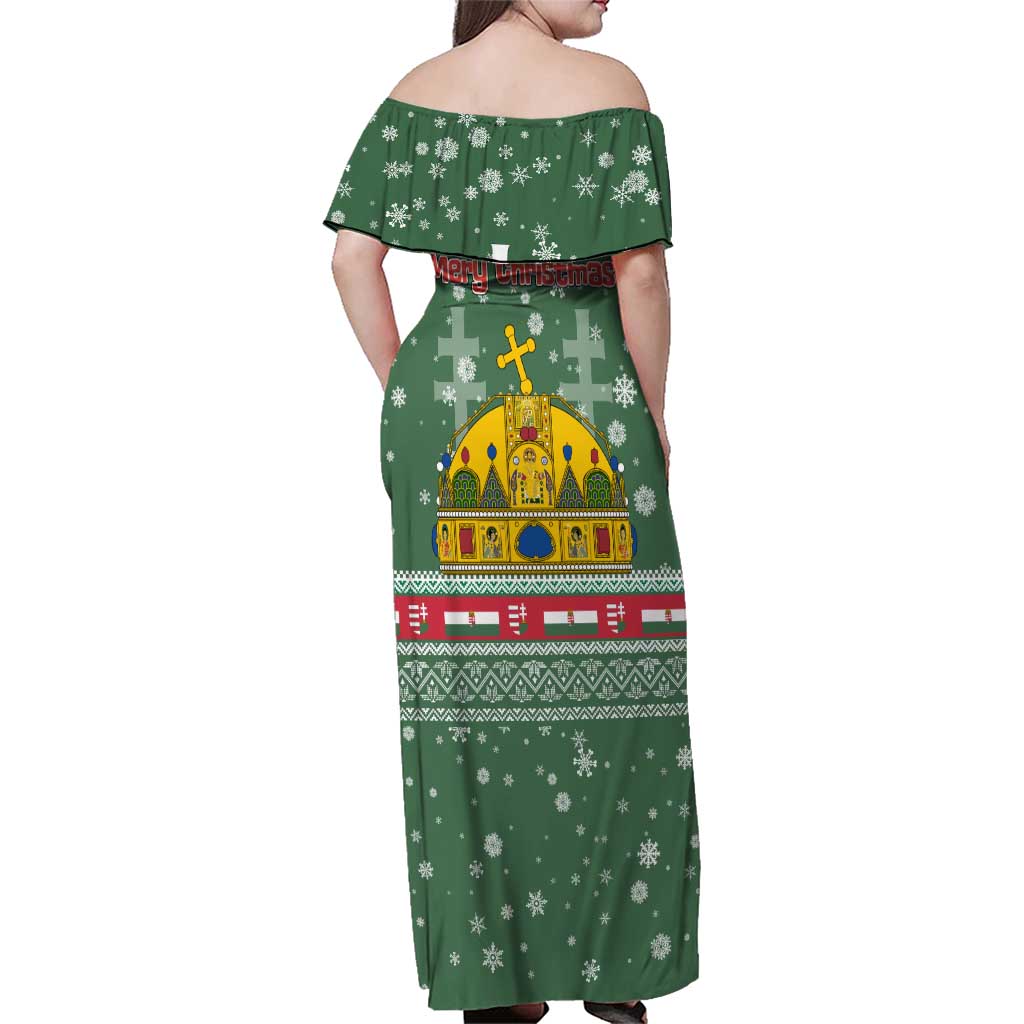 Hungary Christmas Family Matching Off Shoulder Maxi Dress and Hawaiian Shirt with Green Snowflake Pattern Santa Claus Motif - Wonder Print Shop