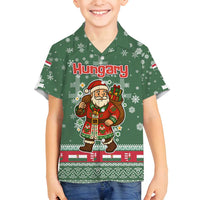 Hungary Christmas Family Matching Off Shoulder Maxi Dress and Hawaiian Shirt with Green Snowflake Pattern Santa Claus Motif - Wonder Print Shop