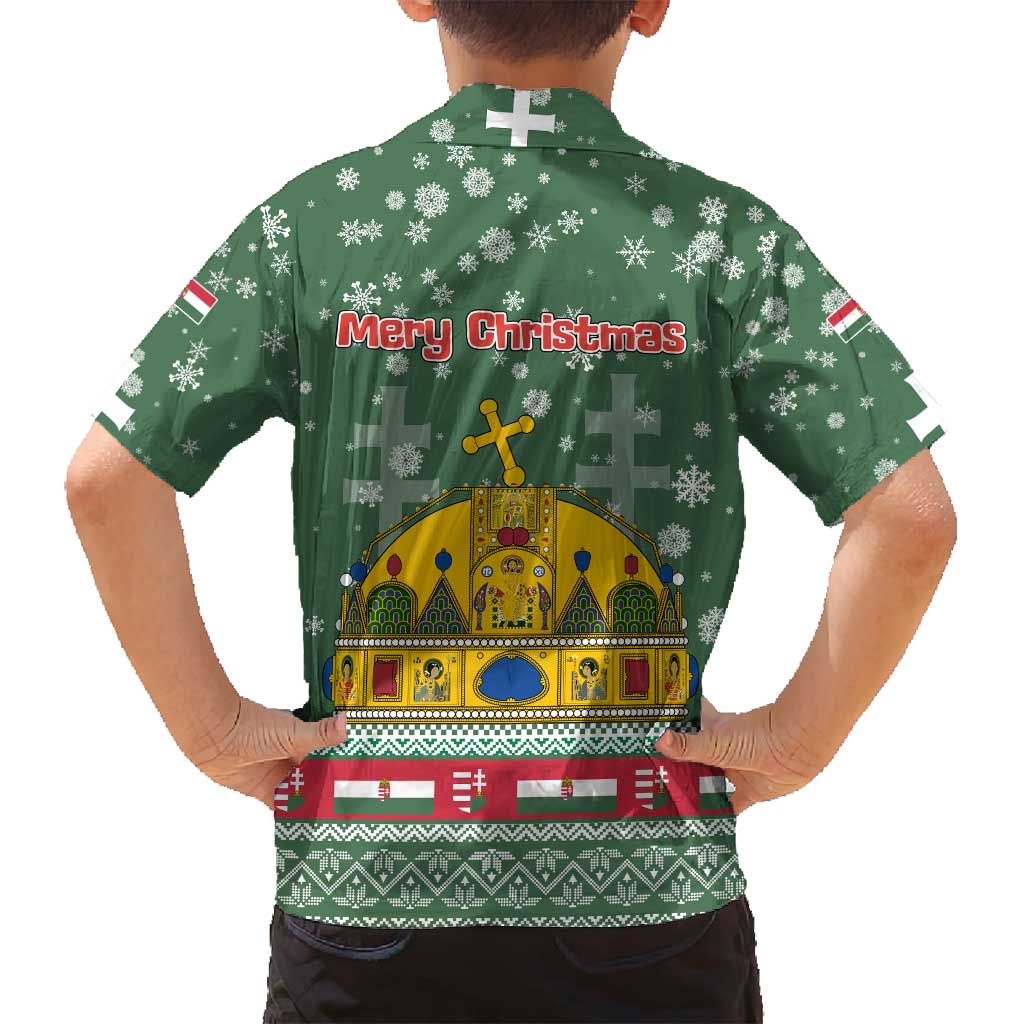 Hungary Christmas Family Matching Off Shoulder Short Dress and Hawaiian Shirt with Green Snowflake Pattern Santa Claus Motif - Wonder Print Shop