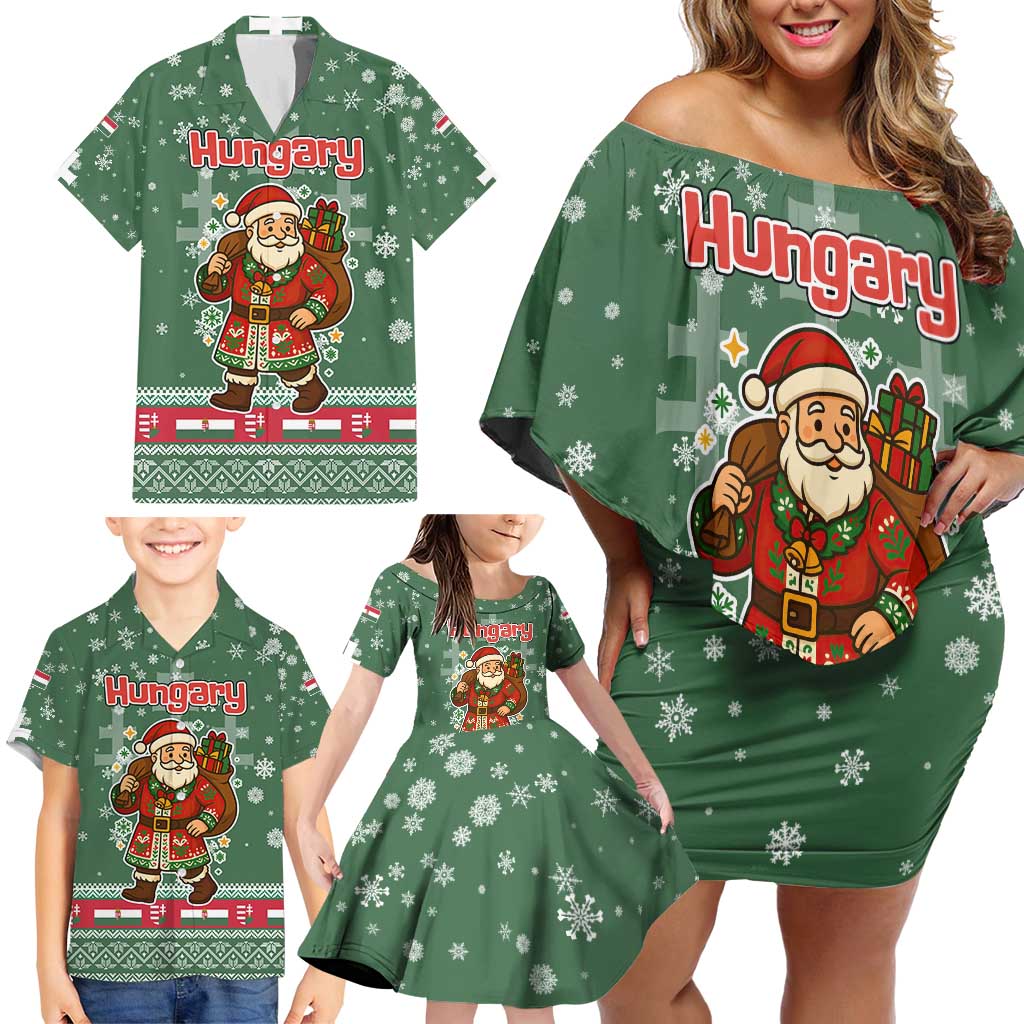 Hungary Christmas Family Matching Off Shoulder Short Dress and Hawaiian Shirt with Green Snowflake Pattern Santa Claus Motif - Wonder Print Shop