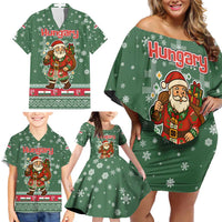 Hungary Christmas Family Matching Off Shoulder Short Dress and Hawaiian Shirt with Green Snowflake Pattern Santa Claus Motif - Wonder Print Shop