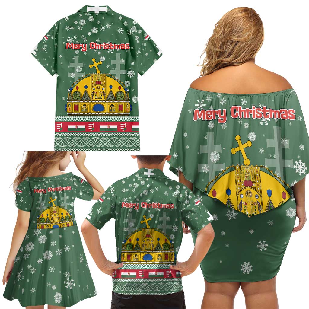 Hungary Christmas Family Matching Off Shoulder Short Dress and Hawaiian Shirt with Green Snowflake Pattern Santa Claus Motif - Wonder Print Shop
