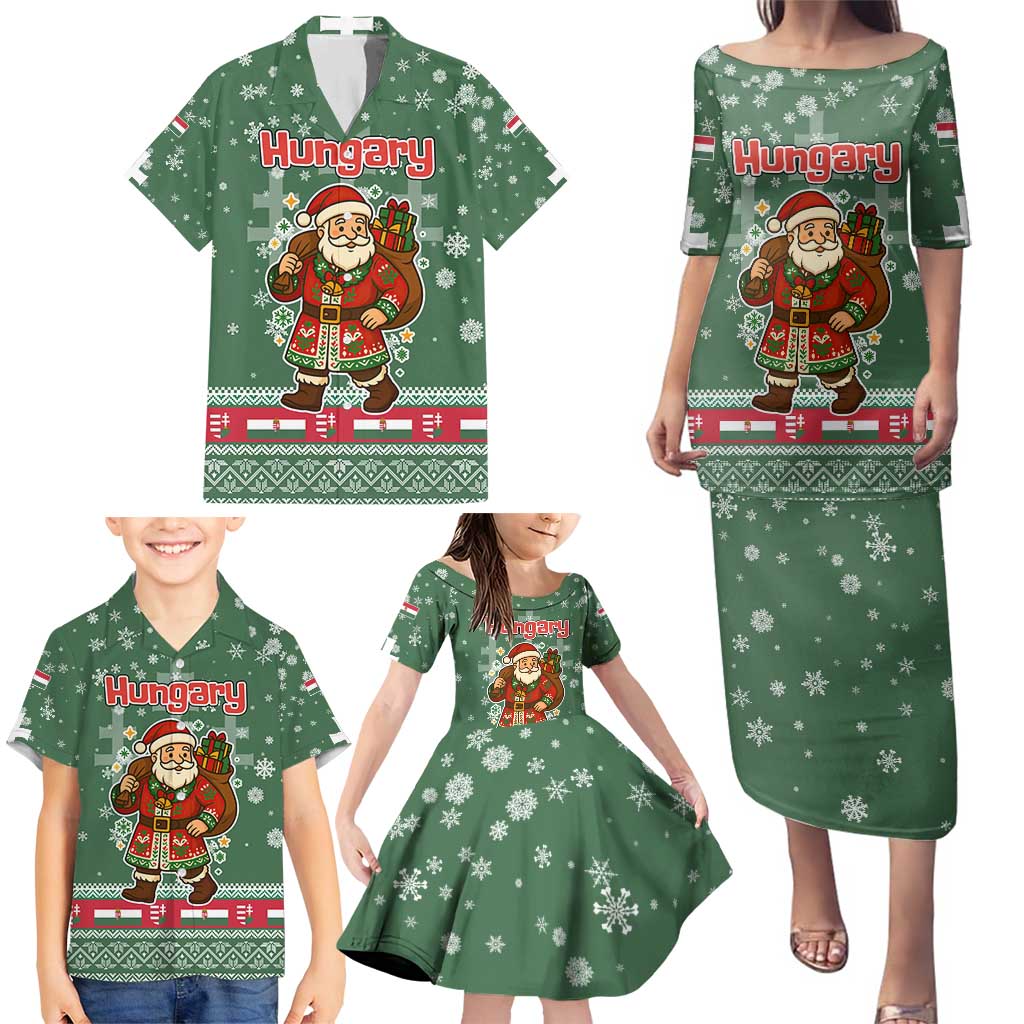 Hungary Christmas Family Matching Puletasi and Hawaiian Shirt with Green Snowflake Pattern Santa Claus Motif - Wonder Print Shop