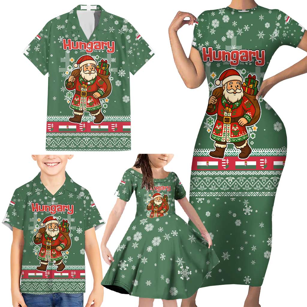 Hungary Christmas Family Matching Short Sleeve Bodycon Dress and Hawaiian Shirt with Green Snowflake Pattern Santa Claus Motif - Wonder Print Shop