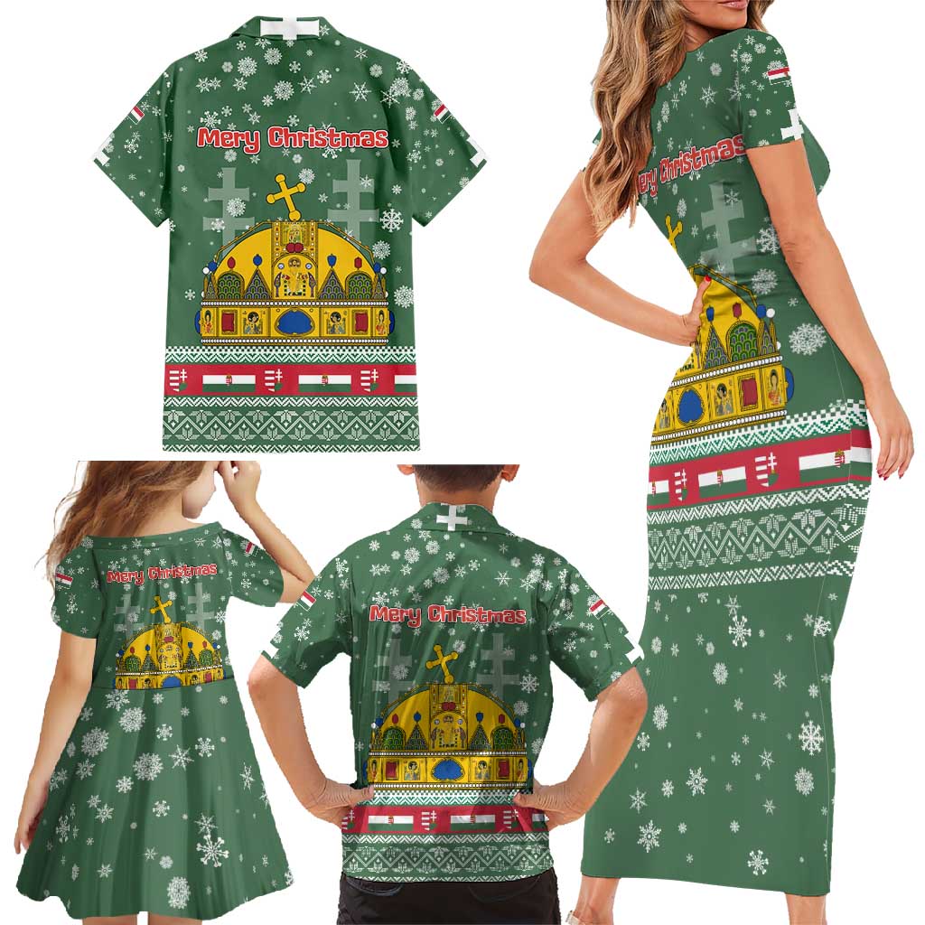 Hungary Christmas Family Matching Short Sleeve Bodycon Dress and Hawaiian Shirt with Green Snowflake Pattern Santa Claus Motif - Wonder Print Shop