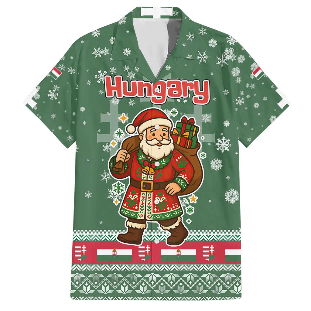 Hungary Christmas Family Matching Short Sleeve Bodycon Dress and Hawaiian Shirt with Green Snowflake Pattern Santa Claus Motif - Wonder Print Shop