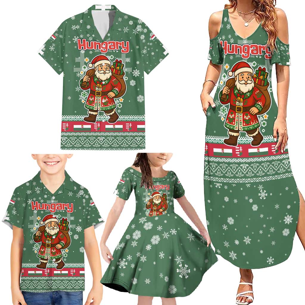 Hungary Christmas Family Matching Summer Maxi Dress and Hawaiian Shirt with Green Snowflake Pattern Santa Claus Motif - Wonder Print Shop