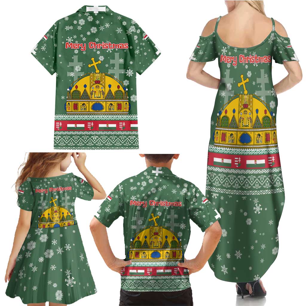 Hungary Christmas Family Matching Summer Maxi Dress and Hawaiian Shirt with Green Snowflake Pattern Santa Claus Motif - Wonder Print Shop