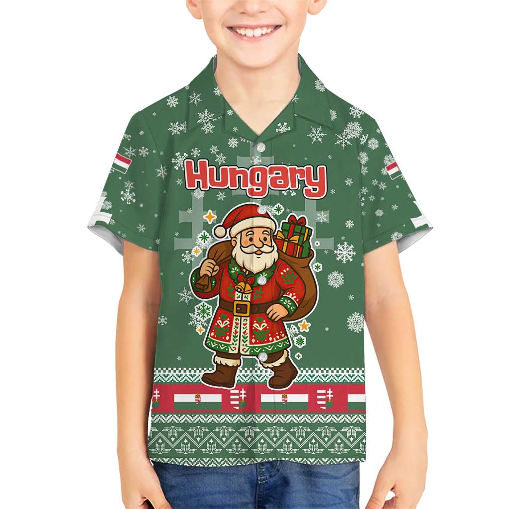 Hungary Christmas Family Matching Summer Maxi Dress and Hawaiian Shirt with Green Snowflake Pattern Santa Claus Motif - Wonder Print Shop