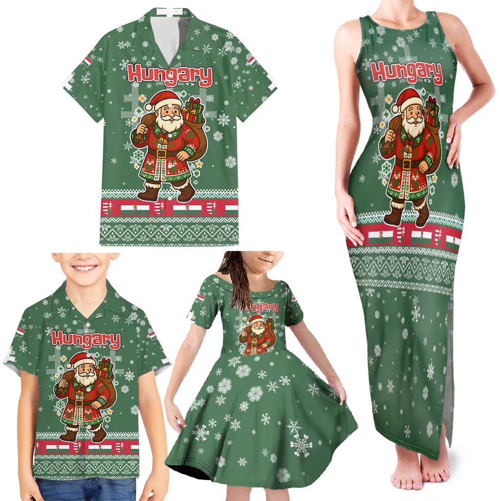 Hungary Christmas Family Matching Tank Maxi Dress and Hawaiian Shirt with Green Snowflake Pattern Santa Claus Motif - Wonder Print Shop