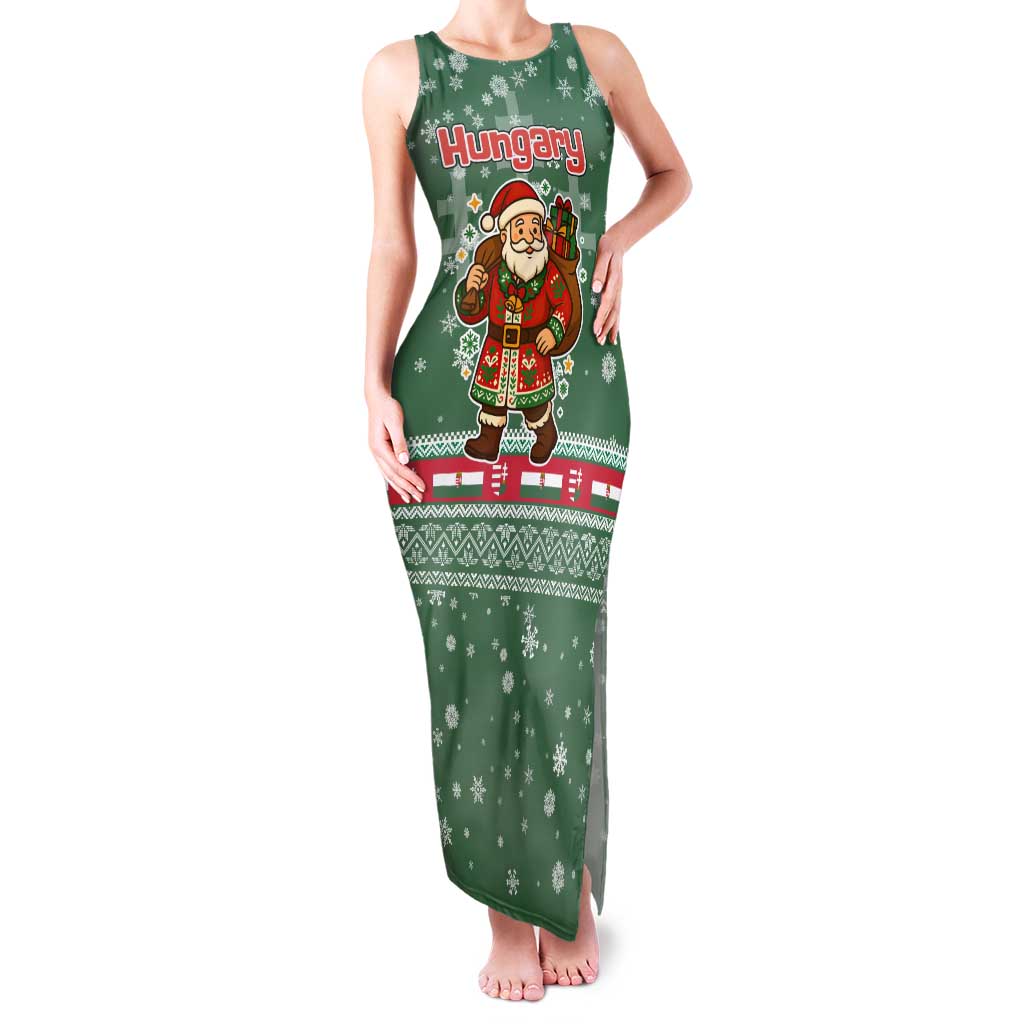 Hungary Christmas Family Matching Tank Maxi Dress and Hawaiian Shirt with Green Snowflake Pattern Santa Claus Motif - Wonder Print Shop